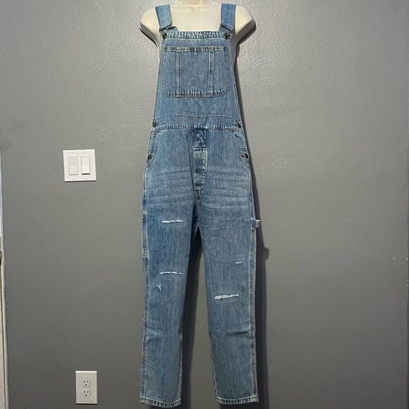Sandrine Rose Free People Blue Distressed Denim Overalls Green